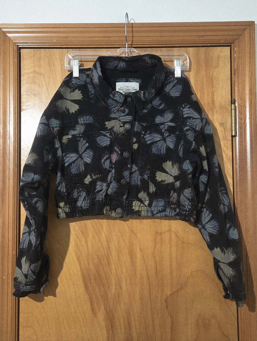 Ashley Vintage Charm Cropped Black Butterfly Print Jacket Size L Junior